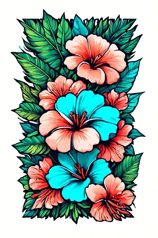 Tropical thigh sleeve tattoo for man colorful with 3 turquoise flowers and 3 coral flowers  tattoo design idea