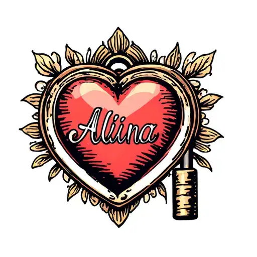 Oldschool heart shaped lock with a word "Alina" inside tattoo design idea