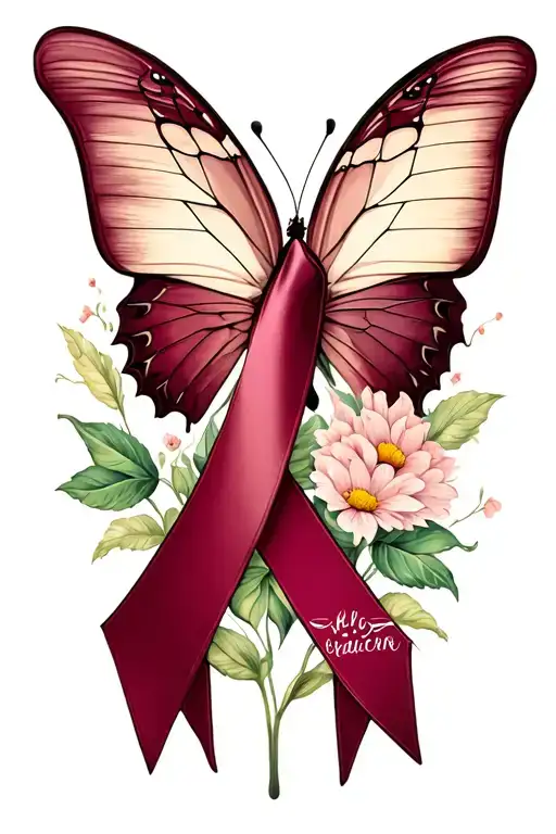 burgundy and ivory cancer ribbon with colourful butterfly tattoo design idea
