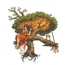 Yggdrasil tree, woman on a swing tattoo design idea