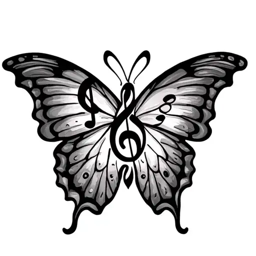 a butterfly tattoo with a treble clef as the body and bass clefs as the wings tattoo design idea