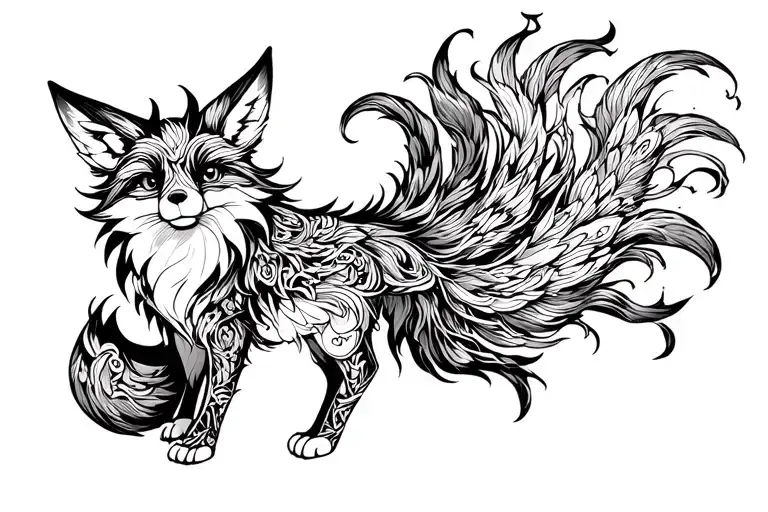 A vibrant, detailed illustration of a fox spirit (kitsune) with multiple tails, inspired by Japanese folklore and anime  tattoo design idea