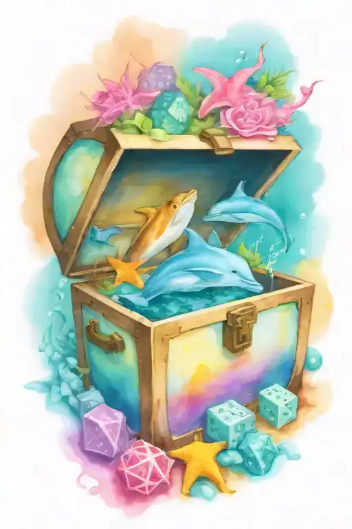 treasure chest smoking with ideas: Dolphins, D&D dice, paint brush, sea turtles tattoo design idea