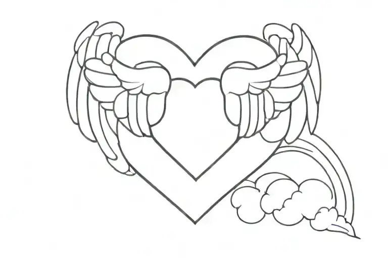 a minimalist trabial pattern tattoo of heart with wings slightly cover with clouds tattoo design idea
