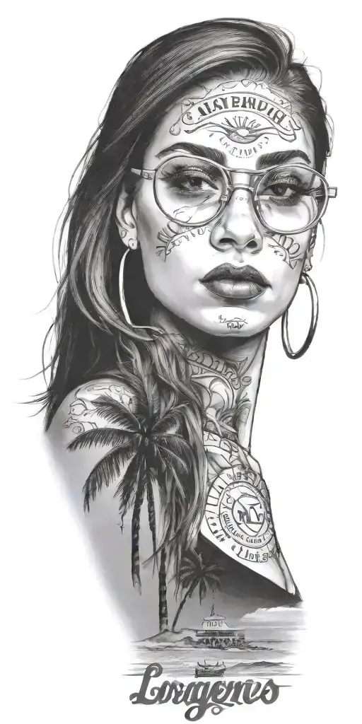 girl in glasses, below is a beach with palm trees and the inscription Los Angeles tattoo design idea