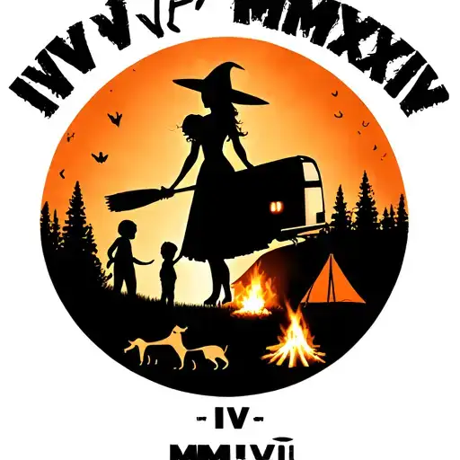 "IV V MMXIV" "IV V MMXIV" "IV V MMXIV" silhouette of busty sexy witch bride on broomstick over a campsite with a trailer and campfire with children & dog tattoo design idea