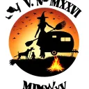 "IV V MMXIV" "IV V MMXIV" "IV V MMXIV" silhouette of busty sexy witch bride on broomstick over a campsite with a trailer and campfire with children & dog tattoo design idea