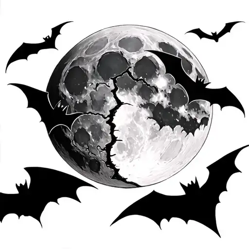 cracked moon with bats flying across tattoo design idea