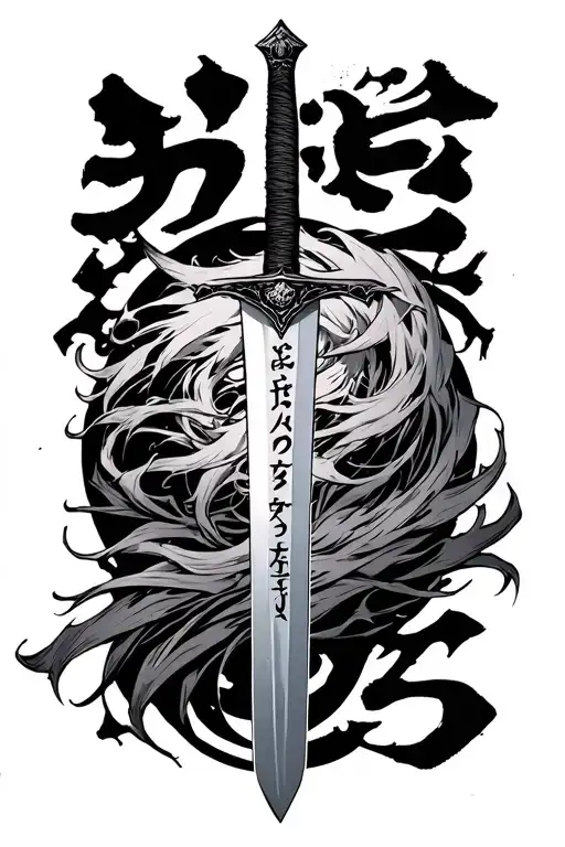 ichigo sword with arise written in japanese tattoo design idea