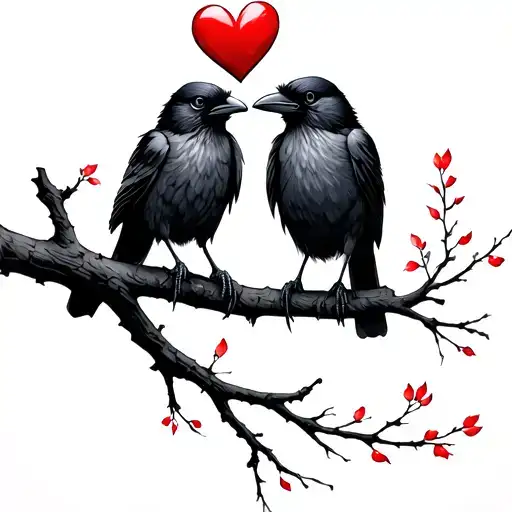 two minimalist fine line crows perched on a branch with their beaks in the air holding a heart tattoo design idea