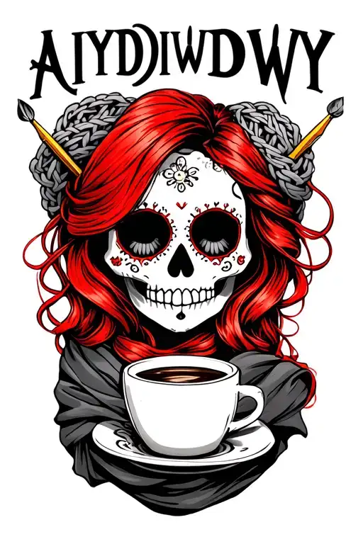 "AIYDIWDWY" sugar skull with red hair with crochet hooks, wearing a hair scarf holding a steaming coffee tattoo design idea