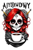 "AIYDIWDWY" sugar skull with red hair with crochet hooks, wearing a hair scarf holding a steaming coffee tattoo design idea