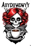 "AIYDIWDWY" sugar skull with red hair with crochet hooks, wearing a hair scarf holding a steaming coffee tattoo design idea