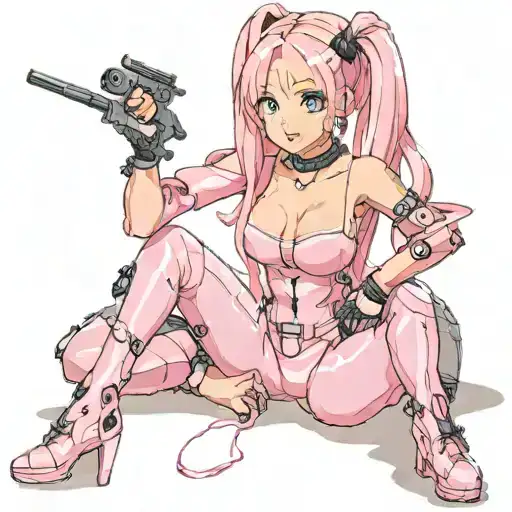 Sexy Girl, huge butt, big boobs, pink skin tight latex jumpsuit, pink eyes, pink really long pigtails, young small teen tattoo design idea