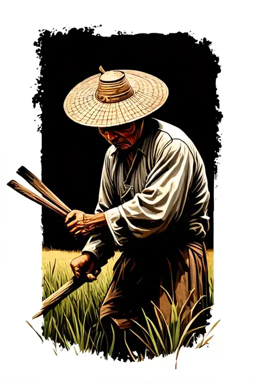 old Chinese farmer working in field facing away tattoo design idea