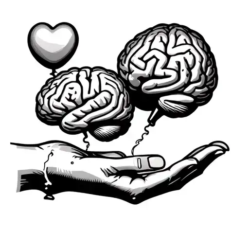 hand holding a balloon brain and a heart balloon floating away from the hand and brain tattoo design idea