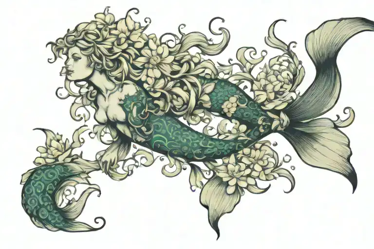 mermaid swimming tail is made of daffodils chrysanthemums larkspur tattoo design idea