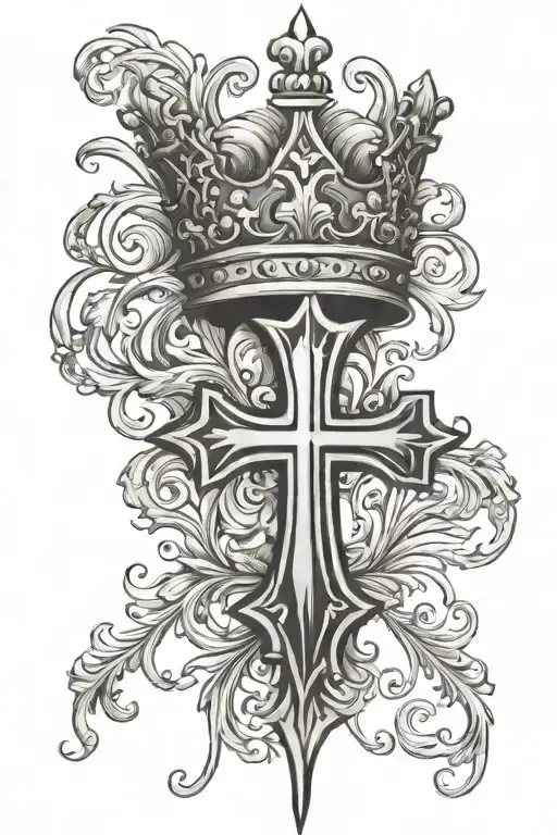 cross with hanging crown tattoo design idea