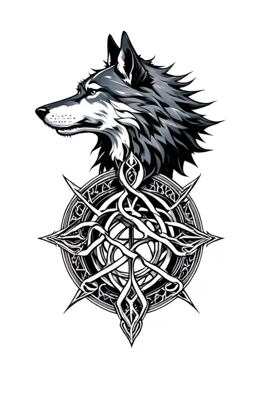 fenris wolf in mechanical rune with tree of life intertwined tattoo design idea