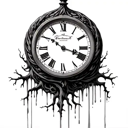 melting grandfather clock with roots tattoo design idea