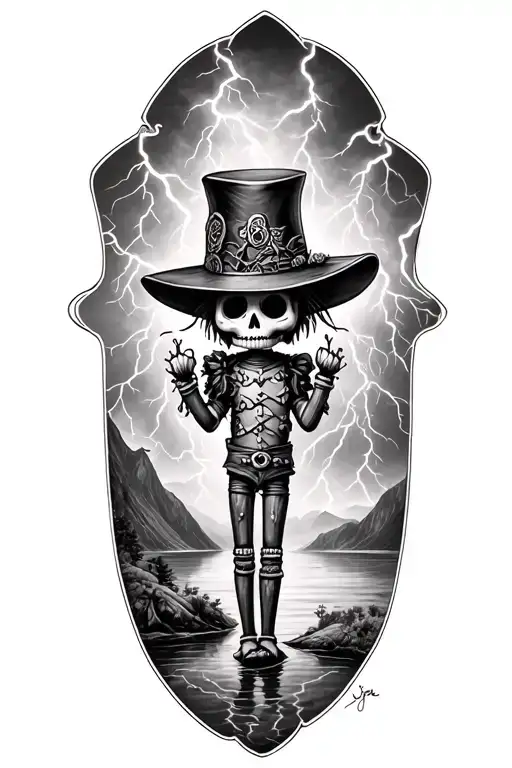 voodoo doll with cylinder hat and lightining storm and fjord and nature tattoo design idea