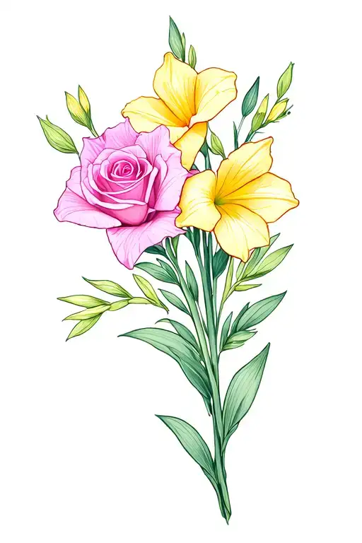 dainty bouquet of a single gladiolus, a single rose, a single daffodil, and sweet pea colors like purples pinks blues tattoo design idea