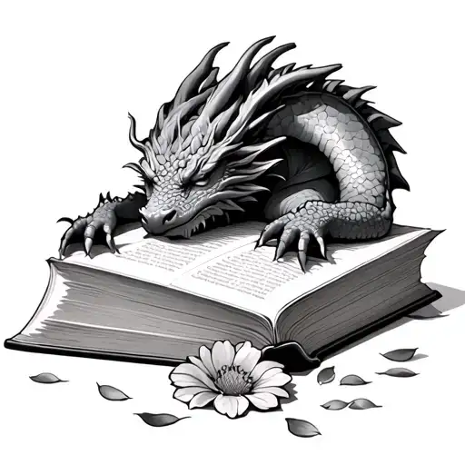 dragon sleeping on a book with flower petals  tattoo design idea