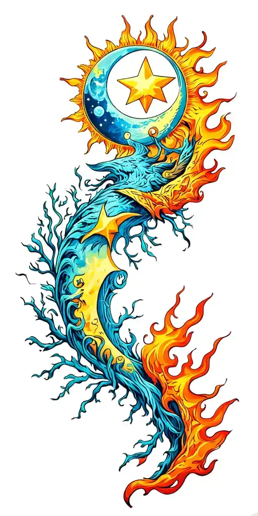 sun and moon,aquarius star, tree and fire flames tattoo design idea