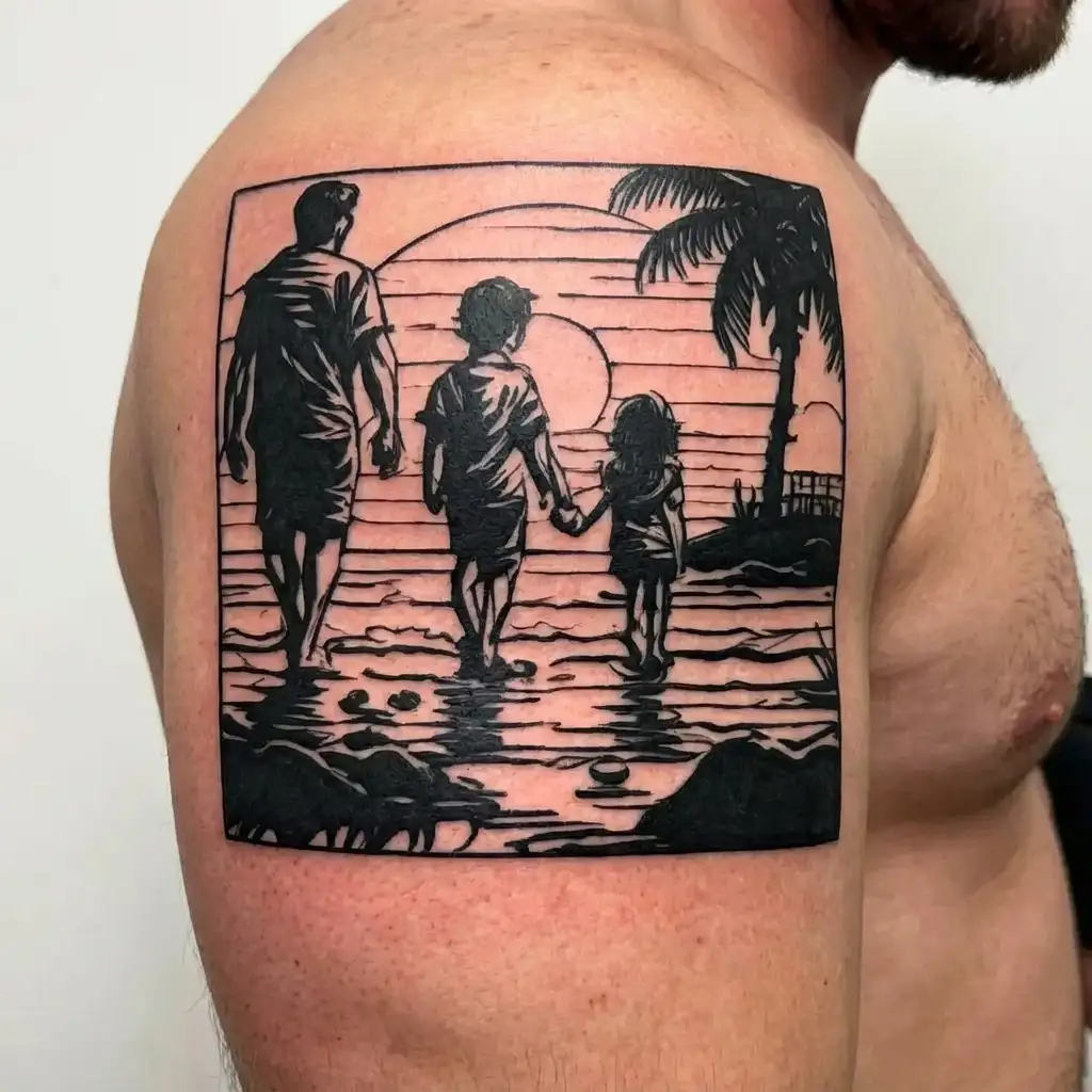Single dad and 2 kids. 1 boy and 1 girl walking in to a sunset along a beach tattoo design idea