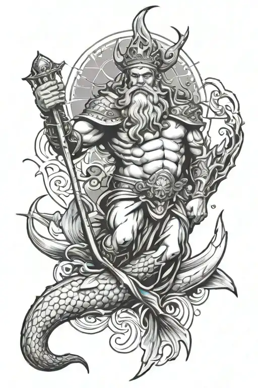 king neptune god with shark tattoo design idea