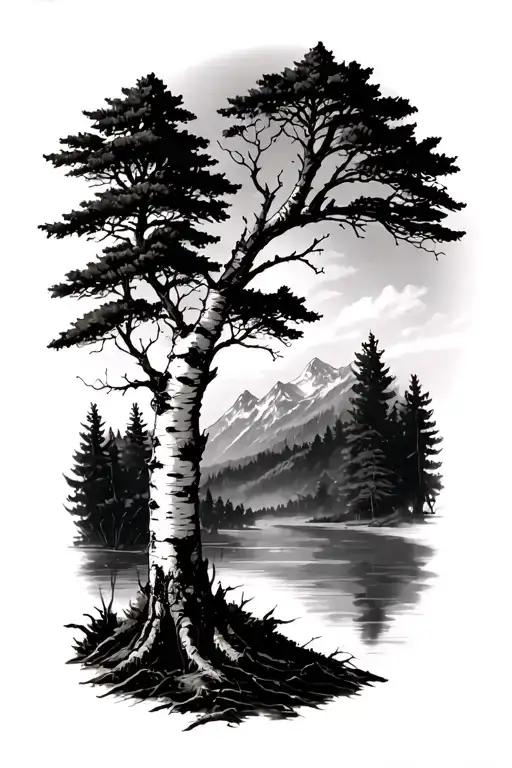 mountain birch tree tattoo design idea