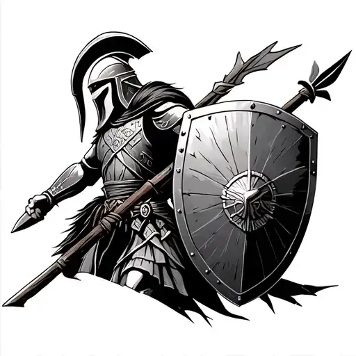 a warrior wearing a helmet that resembles a Spartan warrior. The warrior holds a spear in his right hand, and his left hand is pressed against his shield. tattoo design idea