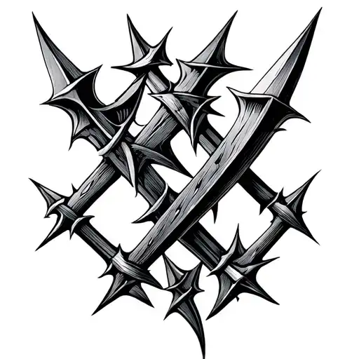 create a men's neck tatoo depicting three sharp barbed spearheads facing at an angle downwards in a 3" x 3" design forma tattoo design idea