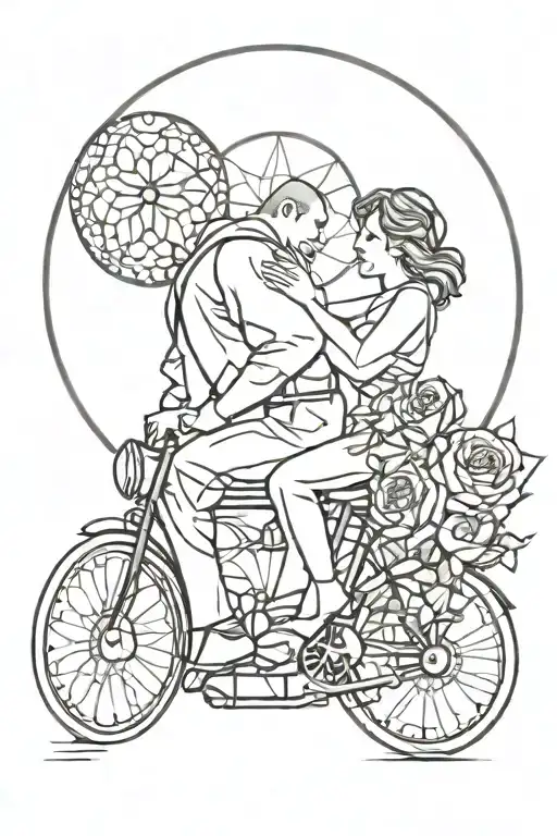 woman riding man for love backward a cathedral rose window tattoo design idea
