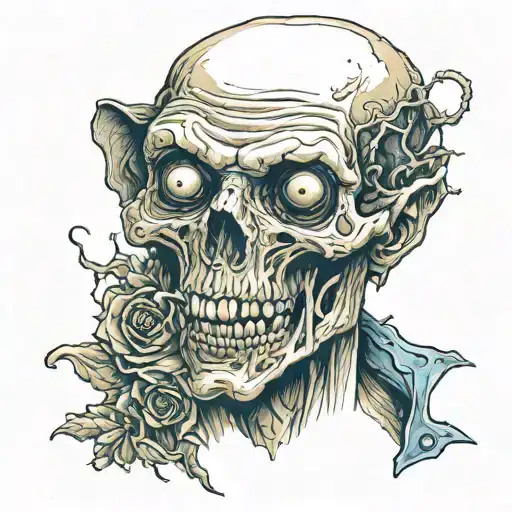Design a central zombie figure with a unique twist, such as a vintage style or a specific cultural influence.   tattoo design idea