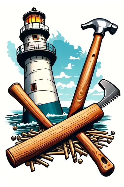 Incorporate carpentry tools like hammers, saws, and nails into a lighthouse design tattoo design idea
