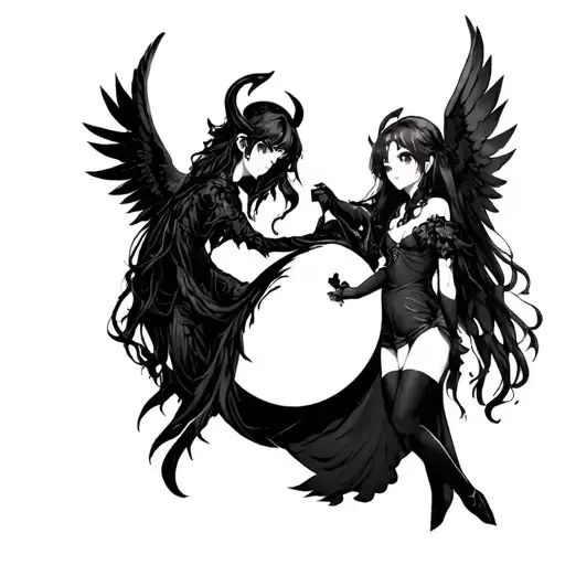 anime demon girl and anime angel girl  in ying and yang symbol tattoo design idea