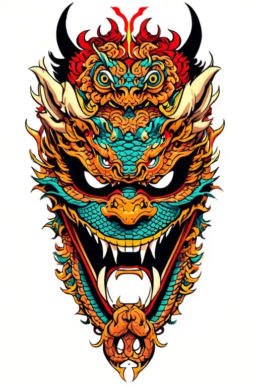 A traditional Japanese mask with intricate snake and dragon motifs, representing the balance between good and evil tattoo design idea