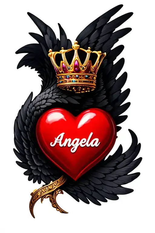 forearm, red love heart with the name Angela inside using a 3d text and a crown on top with a black wing background tattoo design idea
