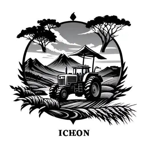 Front armsymbols of Icheon.mountains, rivers, rice fields, rice farmingtractor , rice, hot spring and ceramics. tattoo design idea