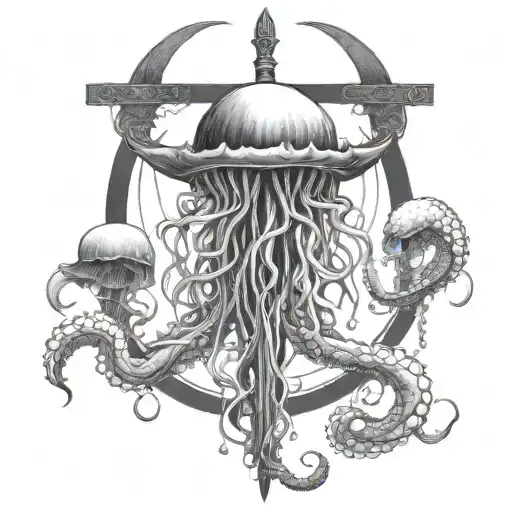 jellyfish with long tentacles wrapped around a longsword stuck in the ground underwater tattoo design idea