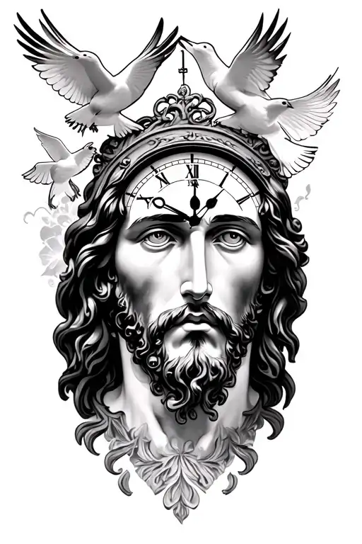 half sleeve tattoo, Jesus face with a clock and doves  tattoo design idea