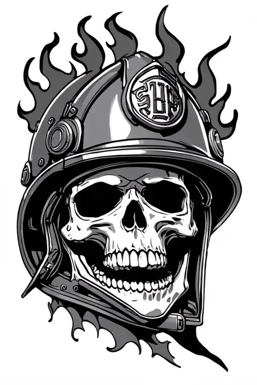 skull wearing a fire helmet tattoo design idea