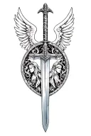 femininewarrior's st michael sword with simple beauty detail, in front of warriors shield,wide spread angel wings behind tattoo design idea