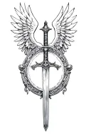 femininewarrior's st michael sword with simple beauty detail, in front of warriors shield,wide spread angel wings behind tattoo design idea