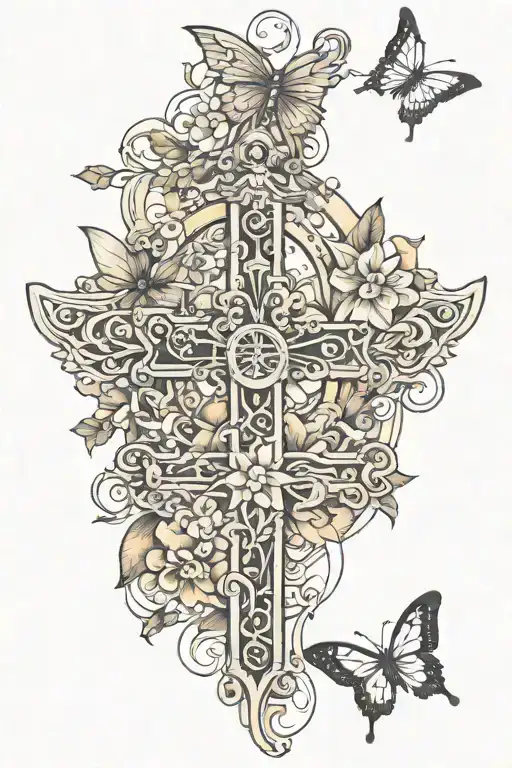 half sleeve tatto design, includes butterflys, a cross, and angels tattoo design idea