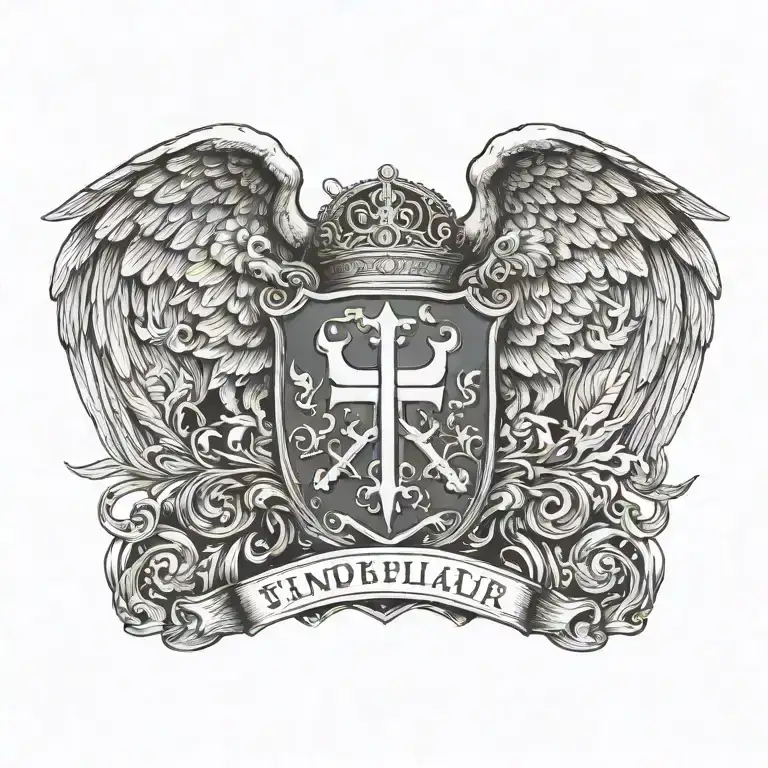 Coat of arms with cloud , wing of dove and cross and knight templar helmet on head tattoo design idea