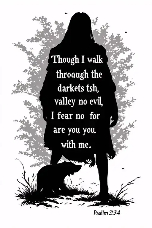 bible verse psalm 23:4 "Though I walk through the darkest valley, I fear no evil, for you are with me" tattoo design idea