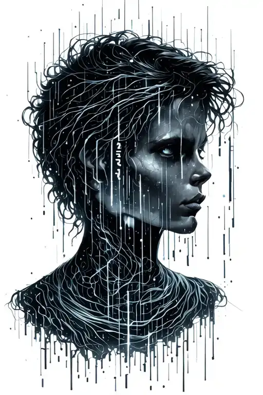 A cyberpunk-inspired tattoo featuring vertical, glowing lines of code cascading down like digital rain. Instead of tradi tattoo design idea