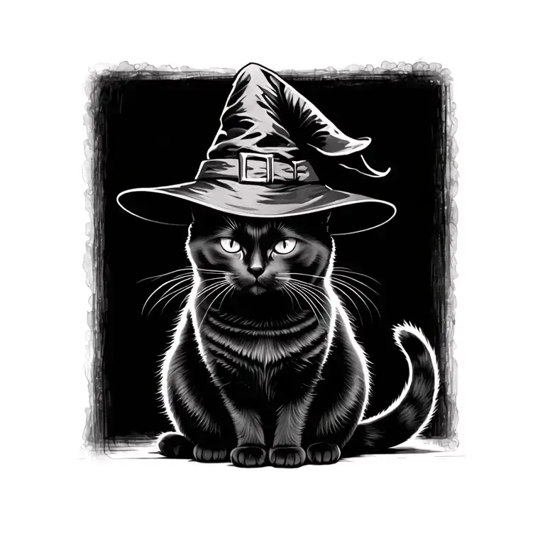 simple silhouette black cat sitting with witch hat on its head tattoo design idea